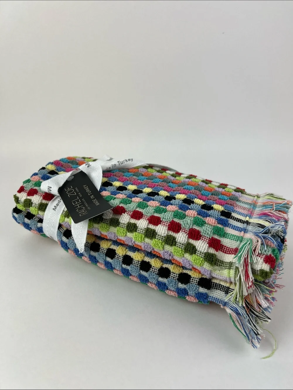 Rachel Zoe Hand Towels Multicolor Stripe Dots Fringe Colorful 2 Pcs NEW